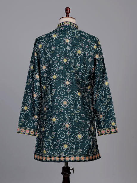 Bottle green bandhani silk kurta suit with multicolour thread work