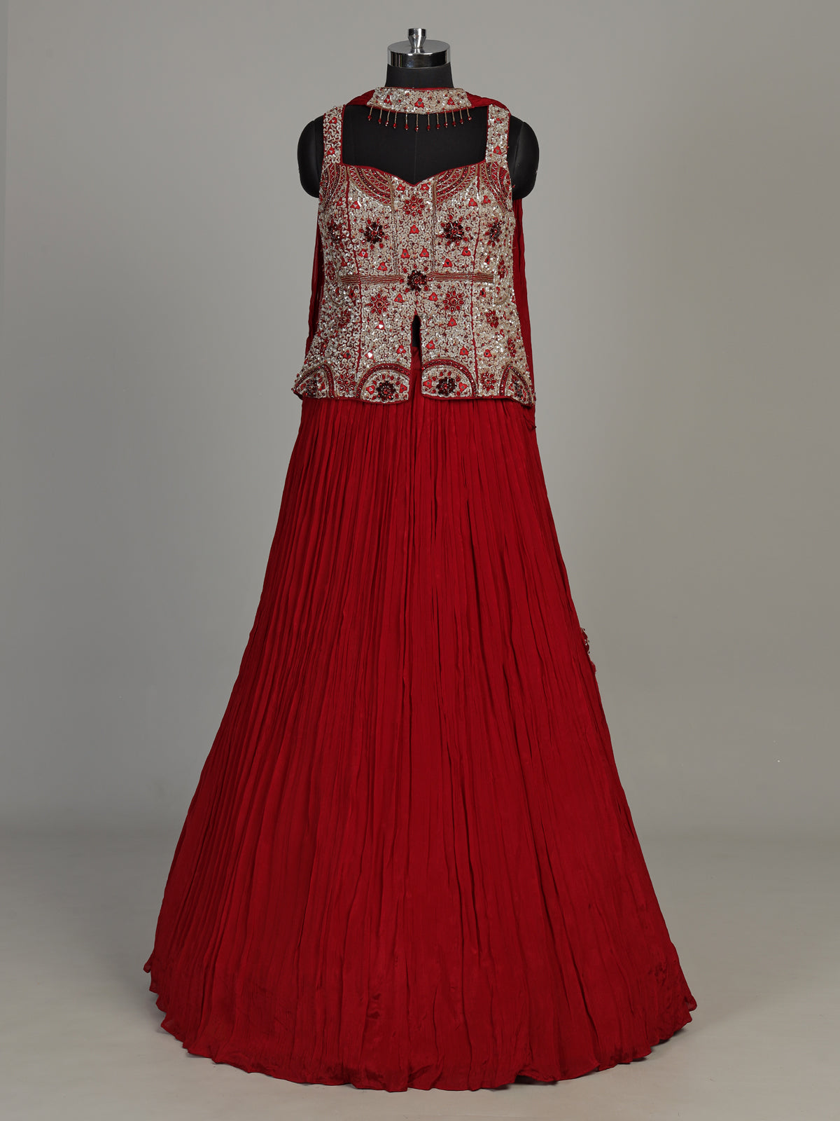 Maroon chiffon silk lehenga choli with luxurious pearl embellishments
