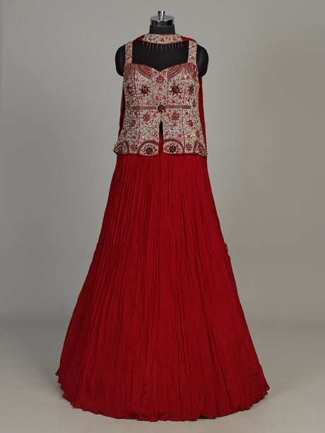 Maroon chiffon silk lehenga choli with luxurious pearl embellishments