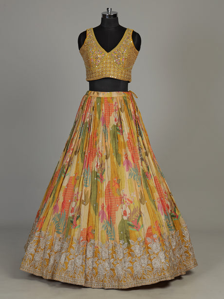 Mustard yellow floral silk lehenga choli with designer embellishments