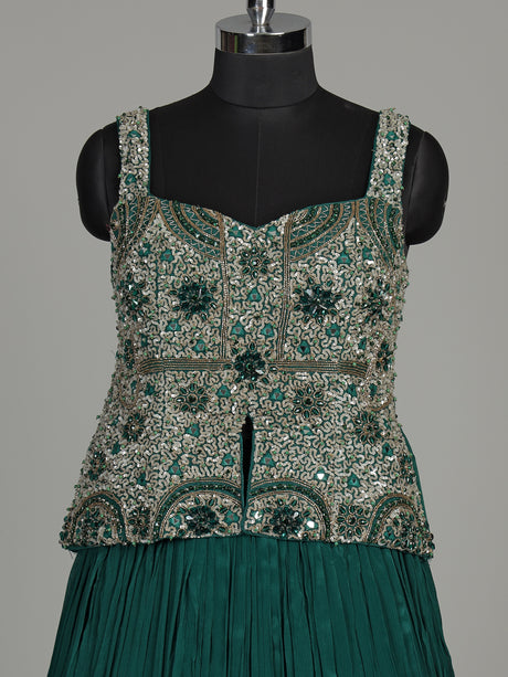 Green chiffon silk lehenga choli with exquisite zardosi embellishments