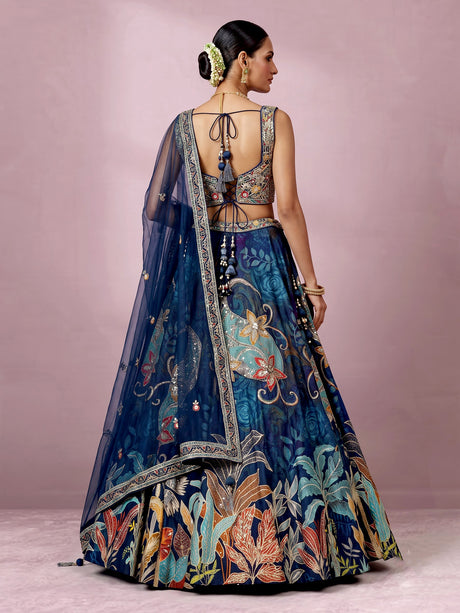 Blue silk floral lehenga choli with gota resham embellishments