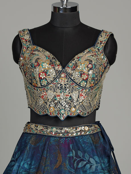 Blue silk floral lehenga choli with gota resham embellishments