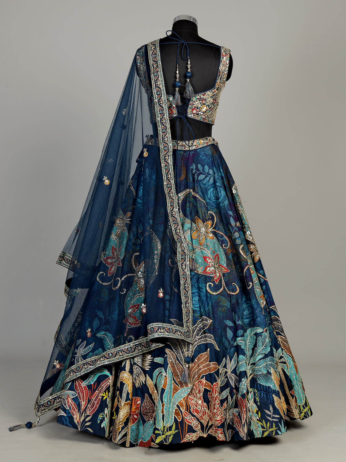 Blue silk floral lehenga choli with gota resham embellishments
