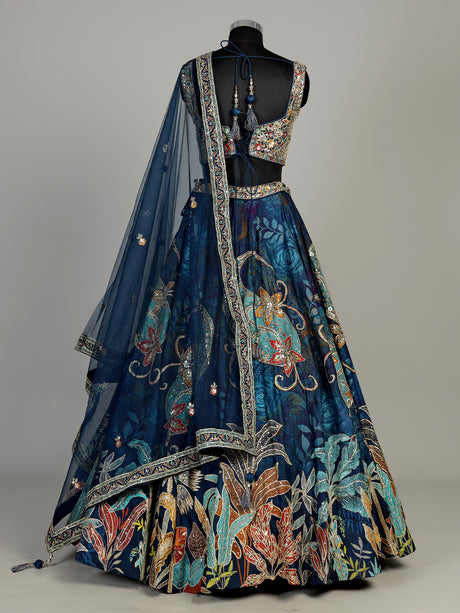 Blue silk floral lehenga choli with gota resham embellishments
