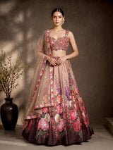 Peach silk floral lehenga choli with resham diamond embellishments