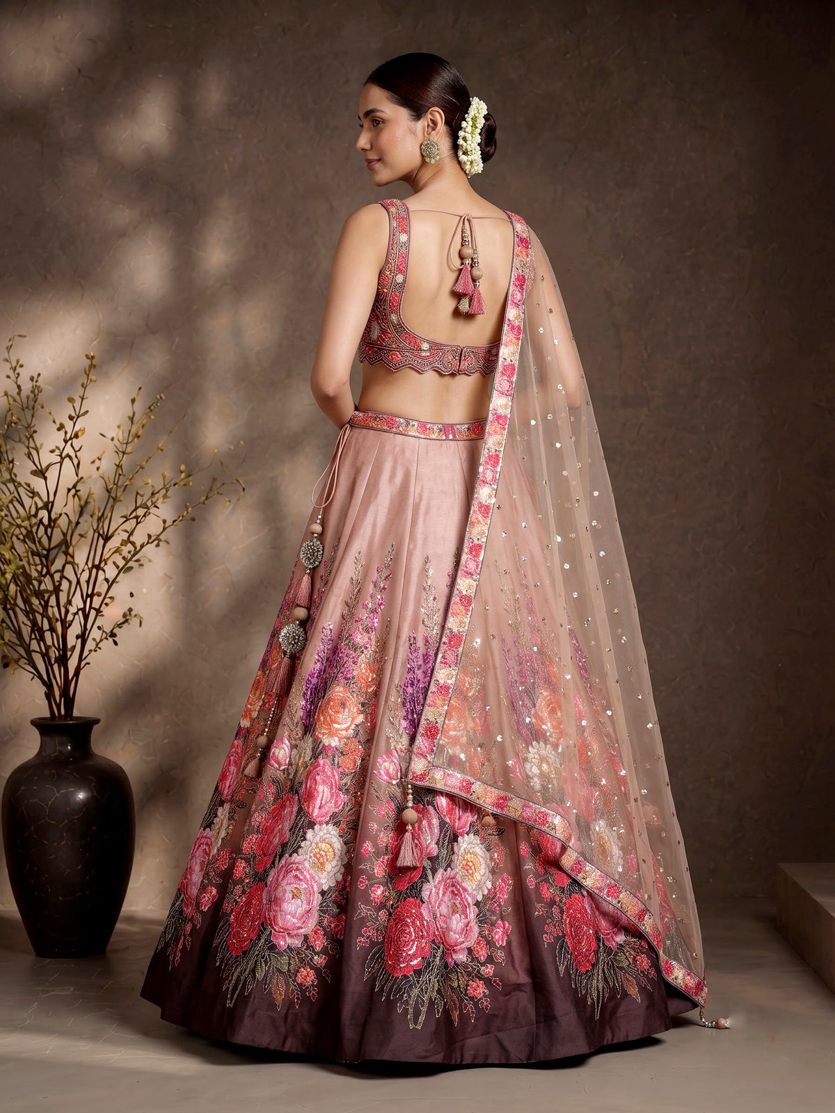 Peach silk floral lehenga choli with resham diamond embellishments