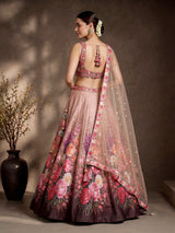 Peach silk floral lehenga choli with resham diamond embellishments