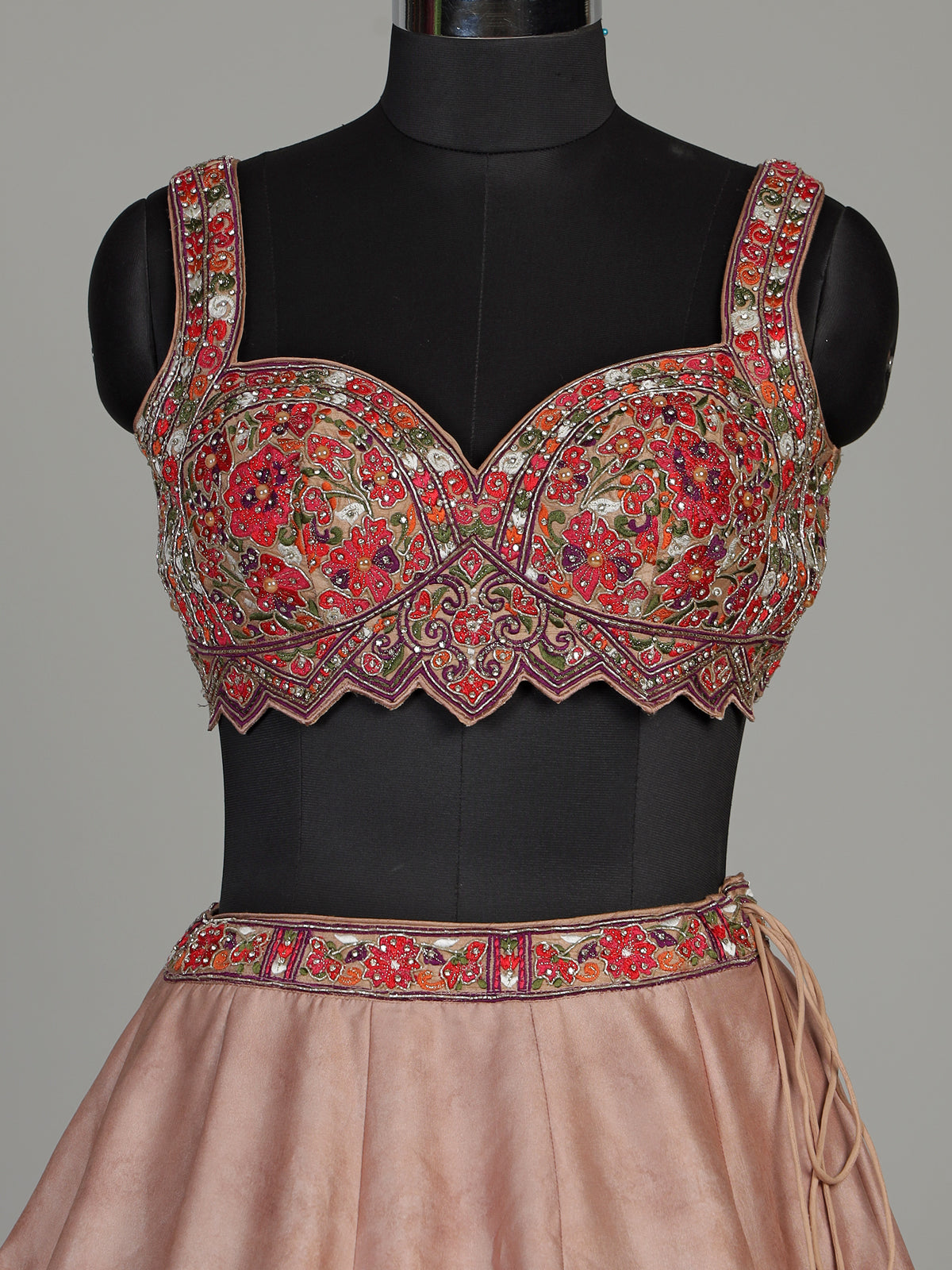 Peach silk floral lehenga choli with resham diamond embellishments