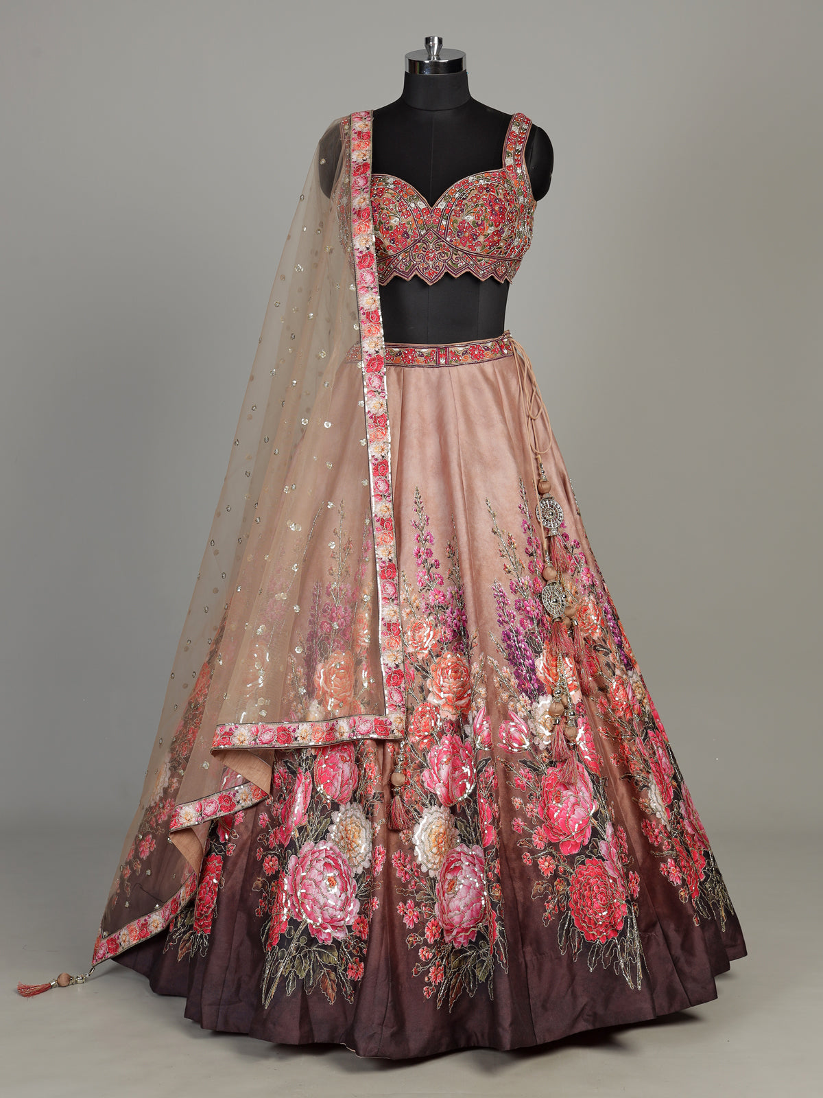 Peach silk floral lehenga choli with resham diamond embellishments