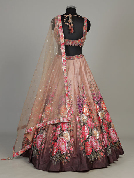 Peach silk floral lehenga choli with resham diamond embellishments