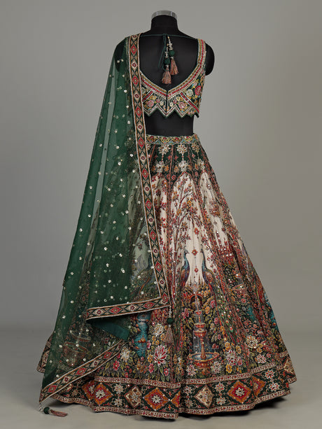 Green silk peacock motif lehenga choli with zardosi detailing