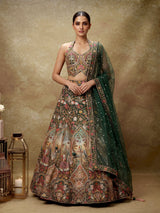 Green silk floral lehenga choli with halter neck embellishments