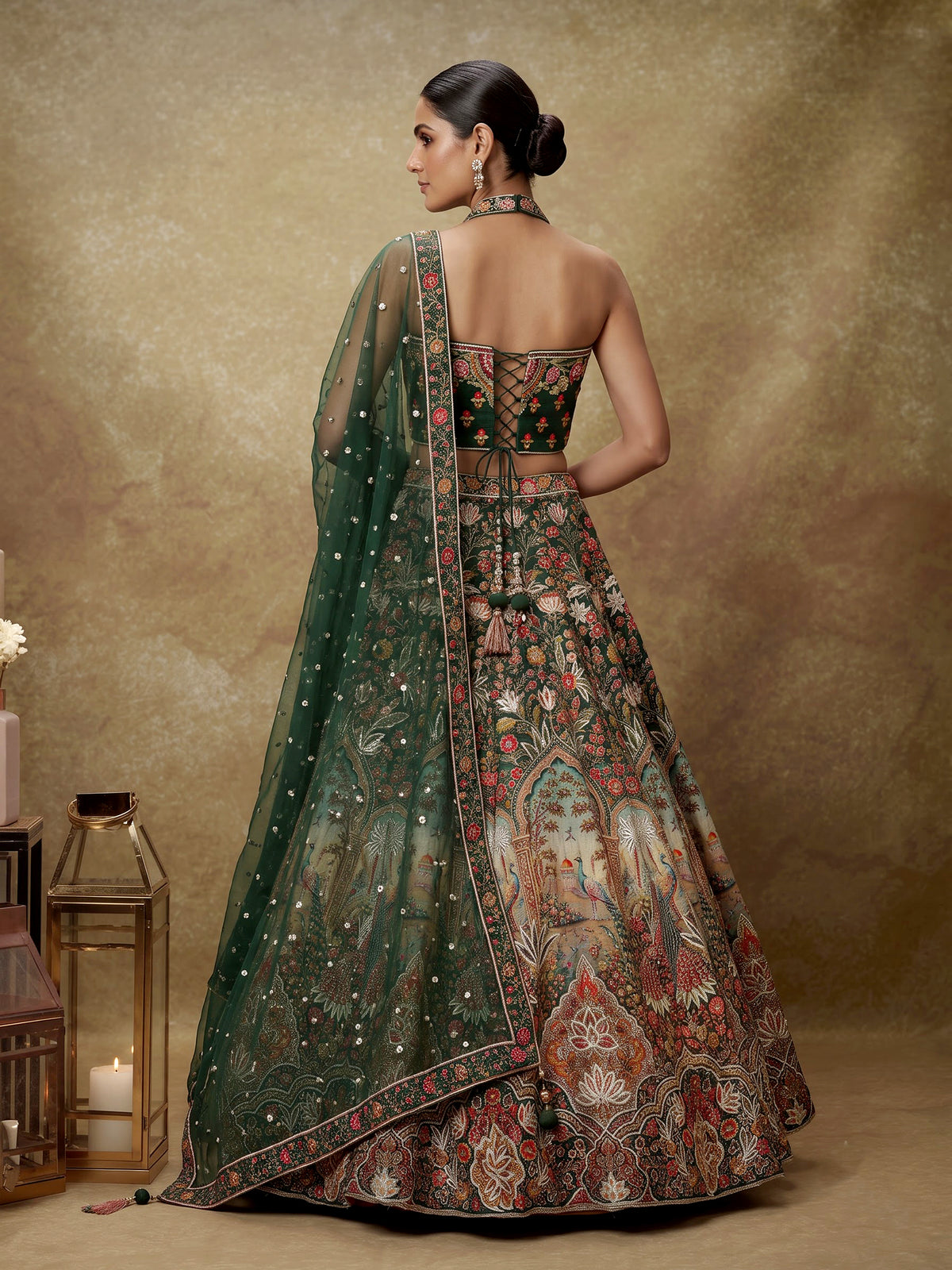 Green silk floral lehenga choli with halter neck embellishments