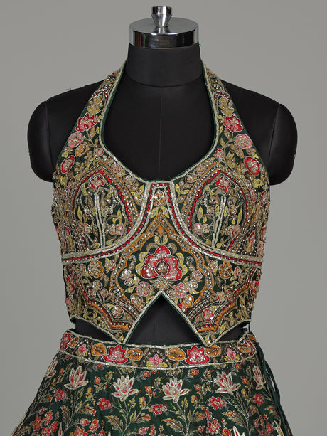 Green silk floral lehenga choli with halter neck embellishments