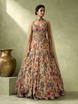 Beige floral silk lehenga choli with sparkling sequin embellishments