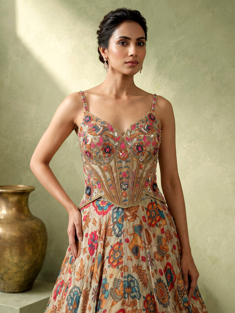 Beige floral silk lehenga choli with sparkling sequin embellishments