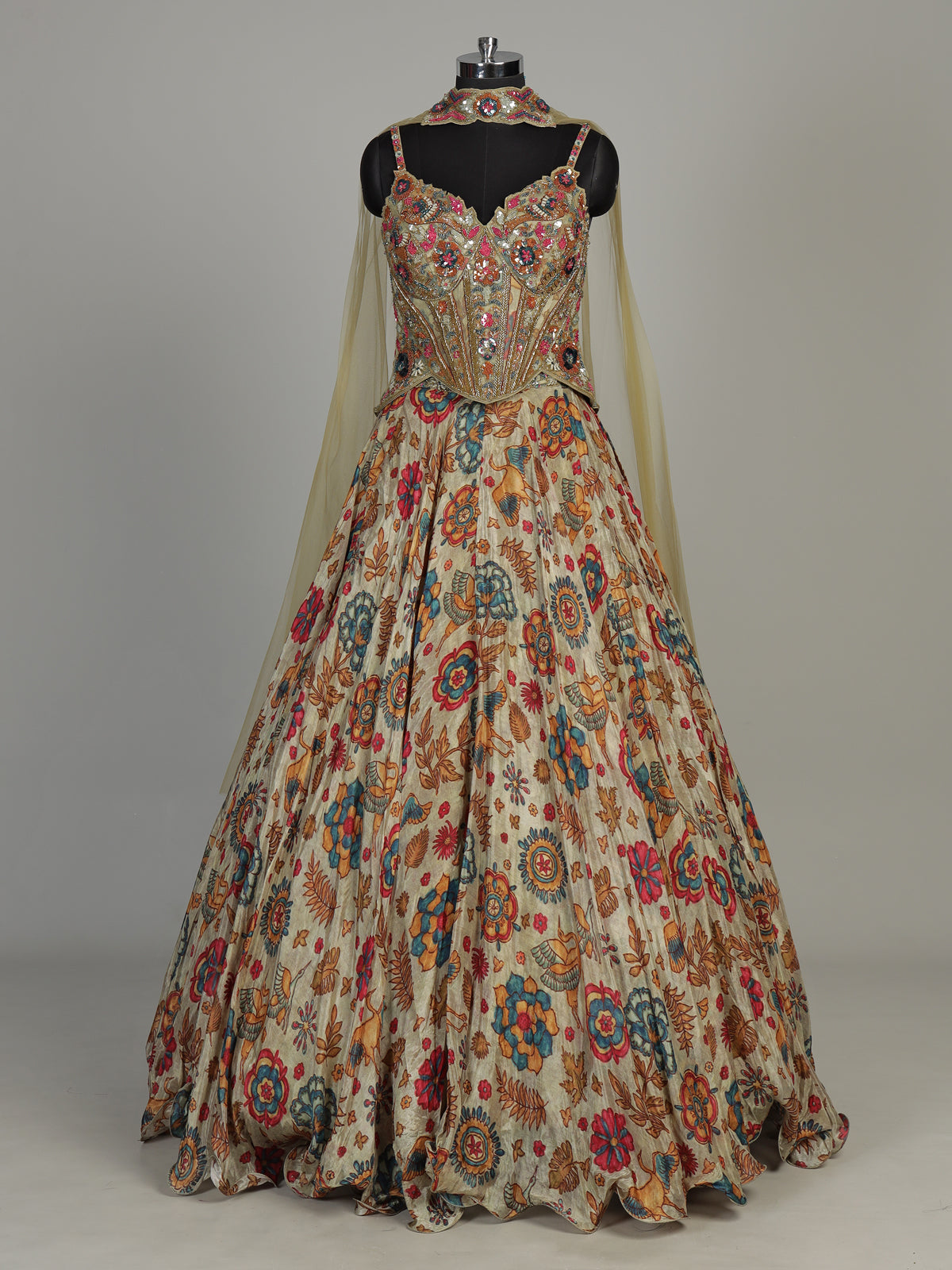 Beige floral silk lehenga choli with sparkling sequin embellishments