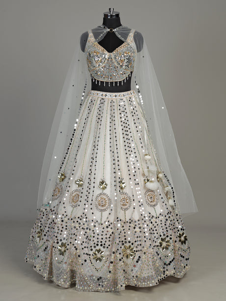 White net designer lehenga choli with sparkling diamond embellishments