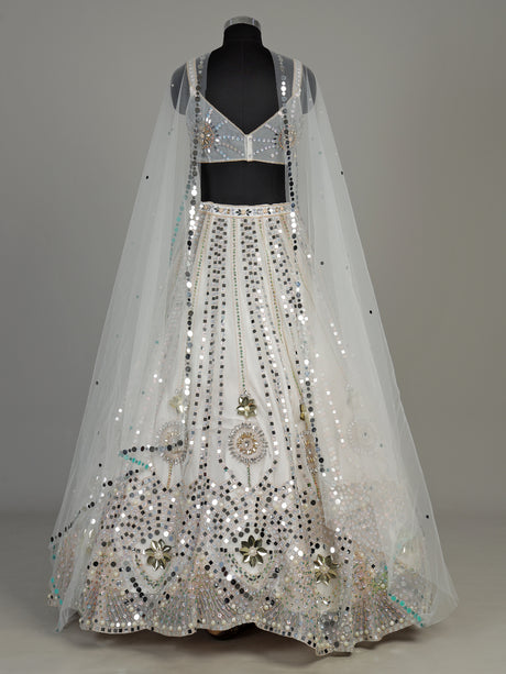 White net designer lehenga choli with sparkling diamond embellishments
