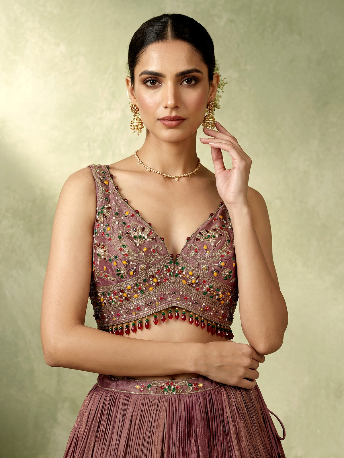 Pastel purple silk lehenga choli with zari tassel dupatta