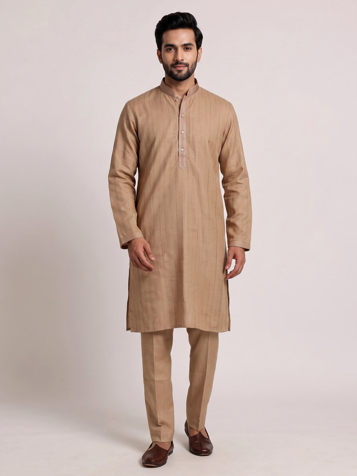 Beige linen kurta suit set with subtle thread detailing