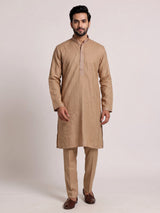 Beige linen kurta suit set with subtle thread detailing