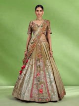 Olive lurex brocade silk lehenga choli with attached dupatta