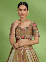 Olive lurex brocade silk lehenga choli with attached dupatta