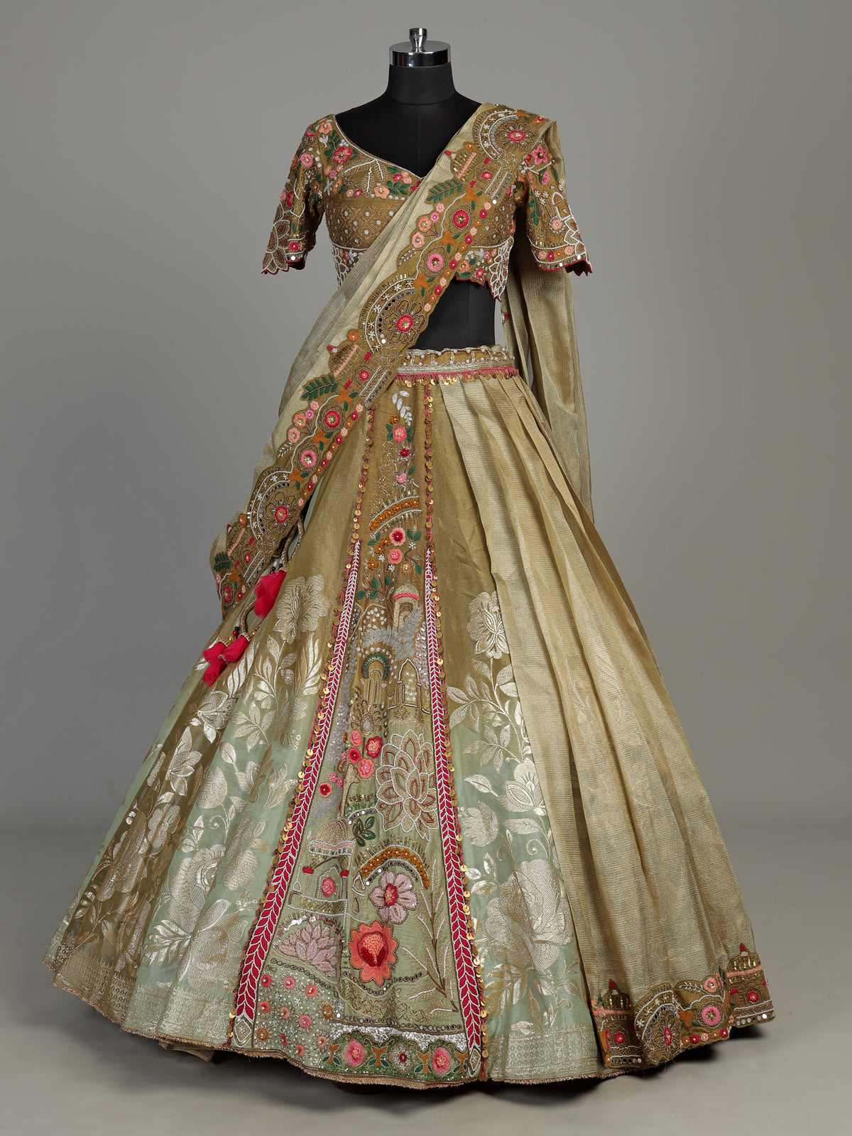Olive lurex brocade silk lehenga choli with attached dupatta