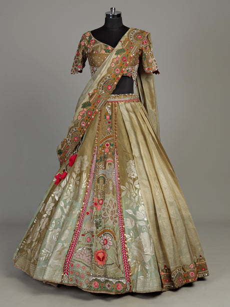 Olive lurex brocade silk lehenga choli with attached dupatta