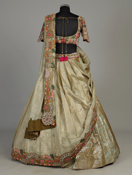 Olive lurex brocade silk lehenga choli with attached dupatta