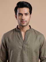 Olive green linen short kurta suit with minimalist styling