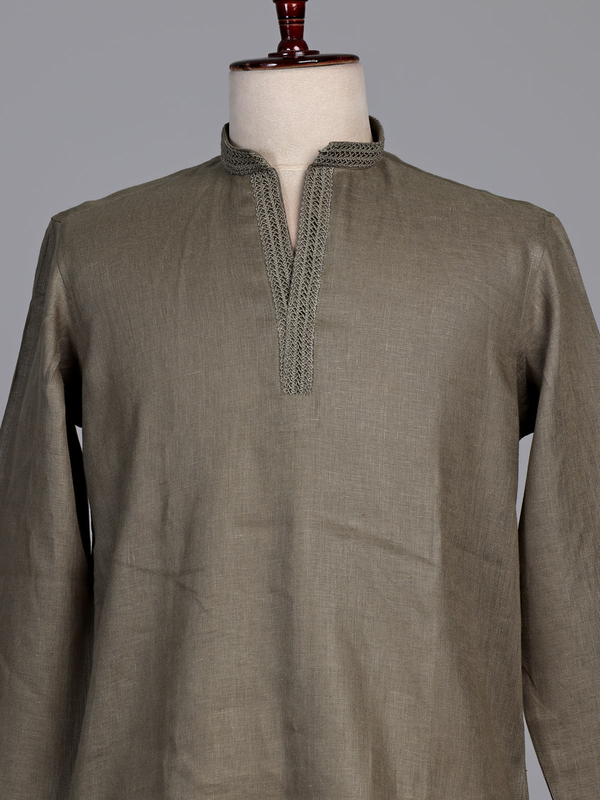 Olive green linen short kurta suit with minimalist styling