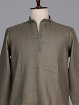 Olive green linen short kurta suit with minimalist styling
