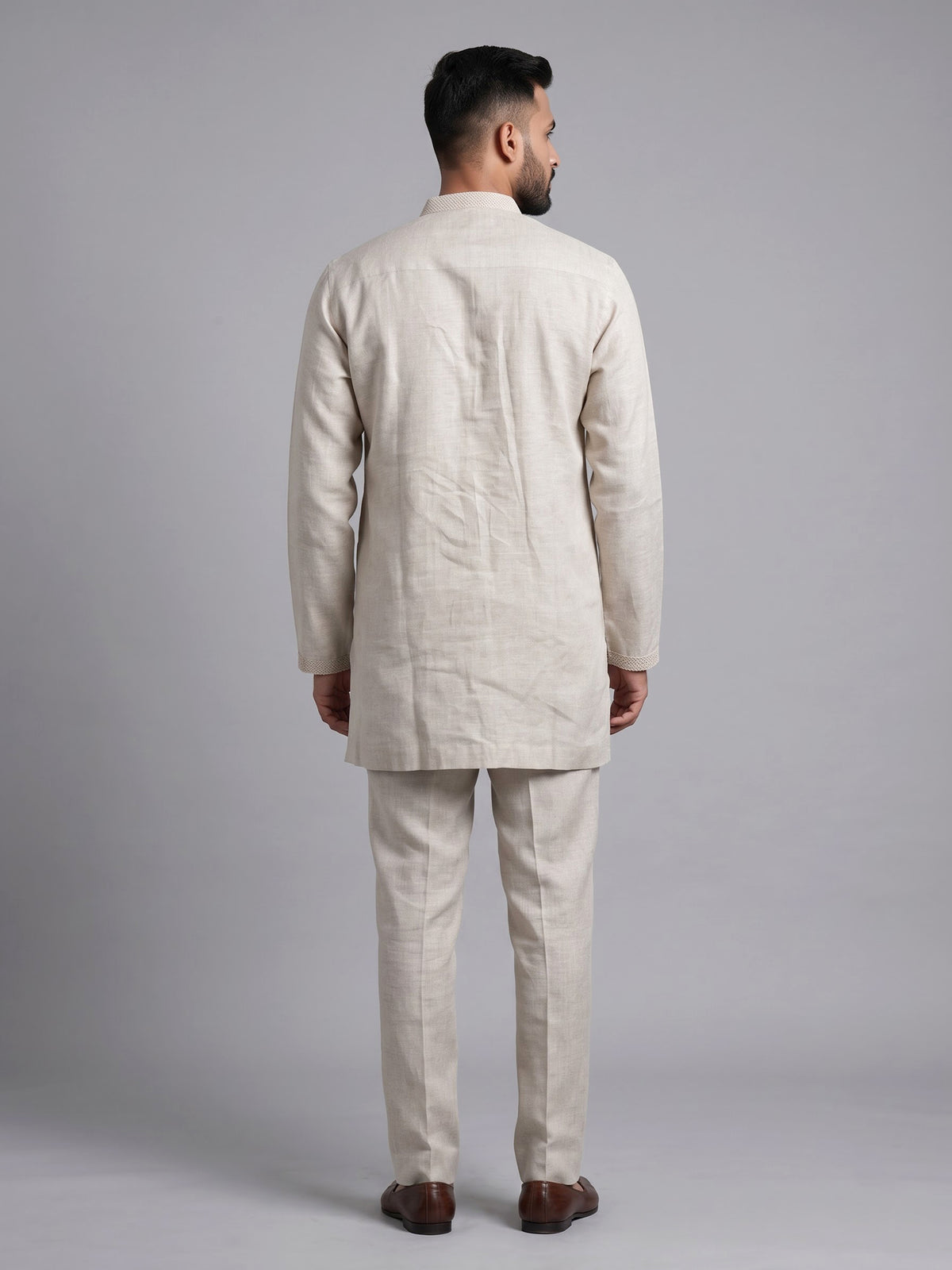Natural beige linen kurta suit with tonal thread work accents