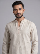 Natural beige linen kurta suit with tonal thread work accents