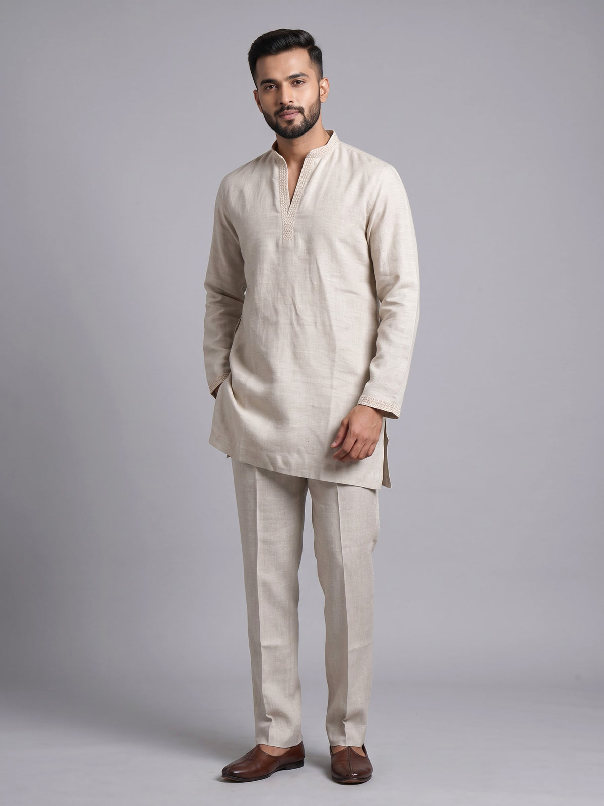 Natural beige linen kurta suit with tonal thread work accents