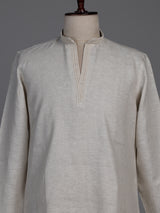 Natural beige linen kurta suit with tonal thread work accents