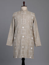 Beige linen kurta suit with floral thread embellishments
