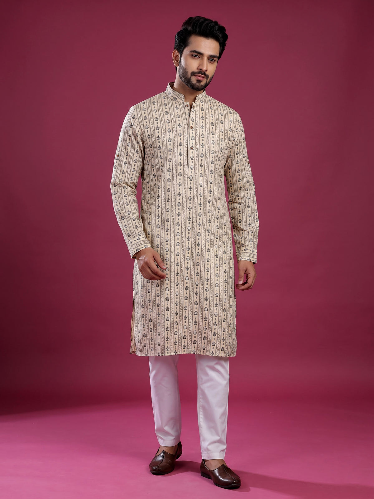 Cream cotton kurta suit with charcoal floral geometric print