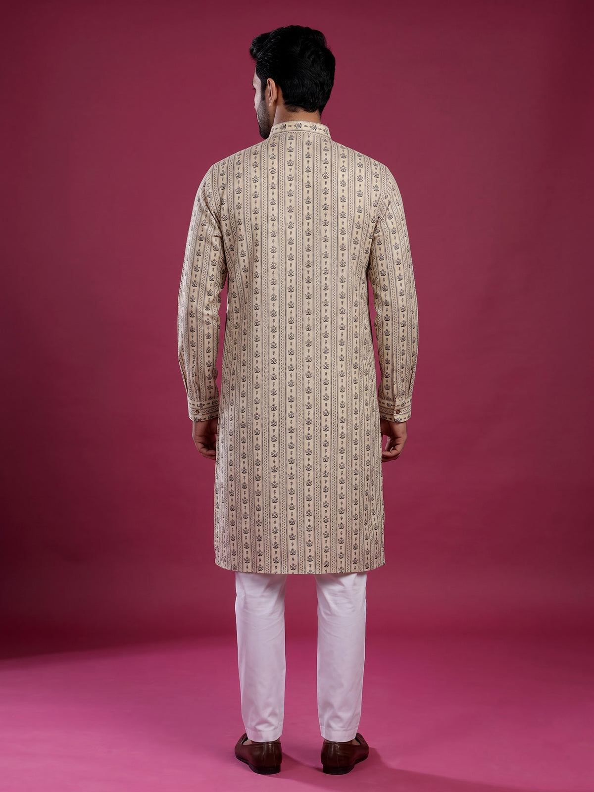 Cream cotton kurta suit with charcoal floral geometric print