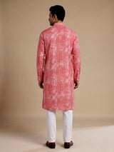 Coral red cotton kurta suit with kantha inspired stitch print