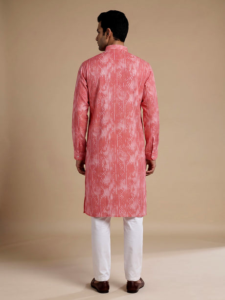 Coral red cotton kurta suit with kantha inspired stitch print