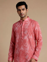 Coral red cotton kurta suit with kantha inspired stitch print