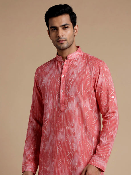 Coral red cotton kurta suit with kantha inspired stitch print