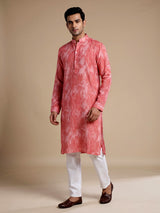 Coral red cotton kurta suit with kantha inspired stitch print