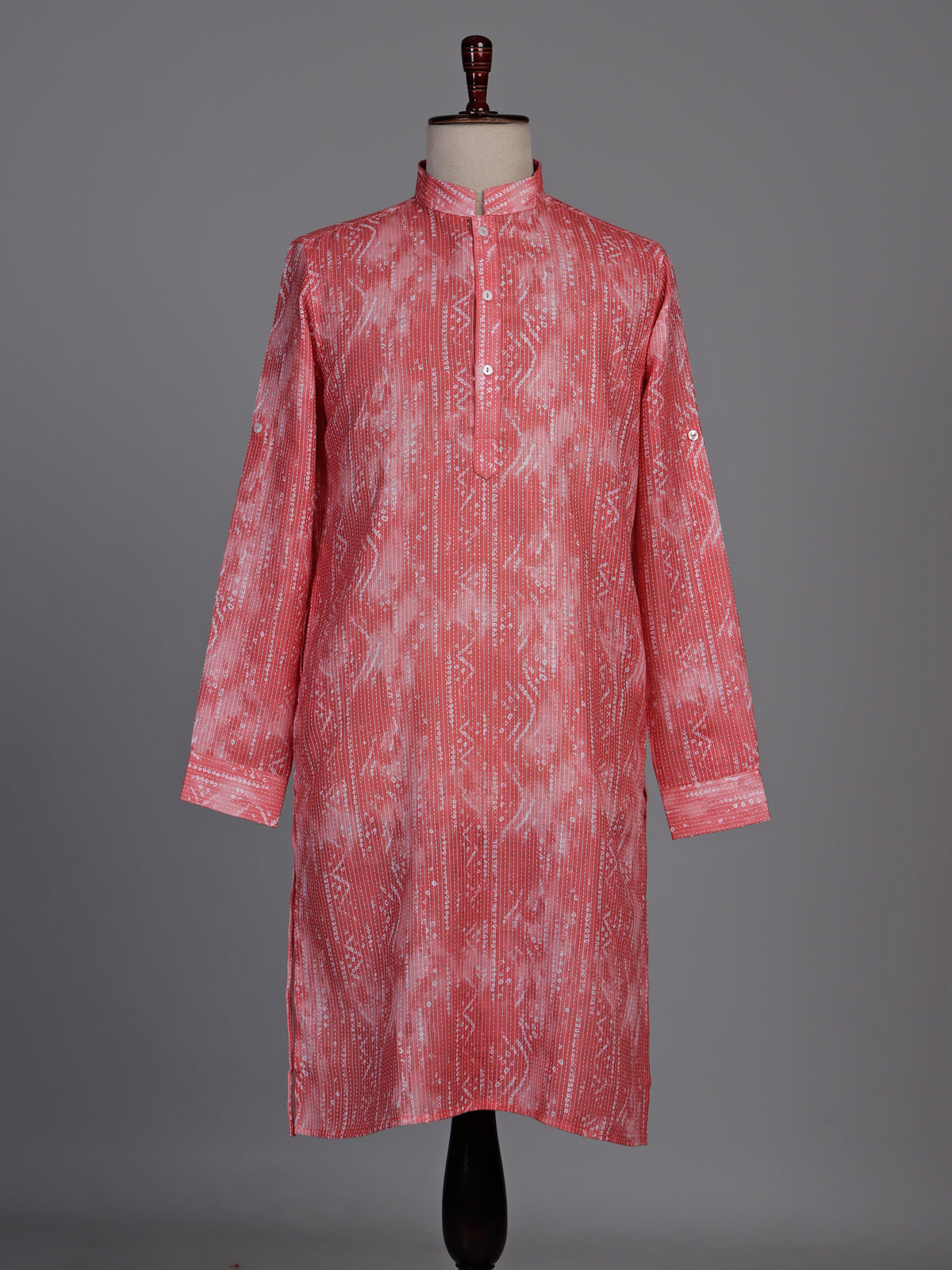 Coral red cotton kurta suit with kantha inspired stitch print
