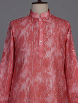 Coral red cotton kurta suit with kantha inspired stitch print