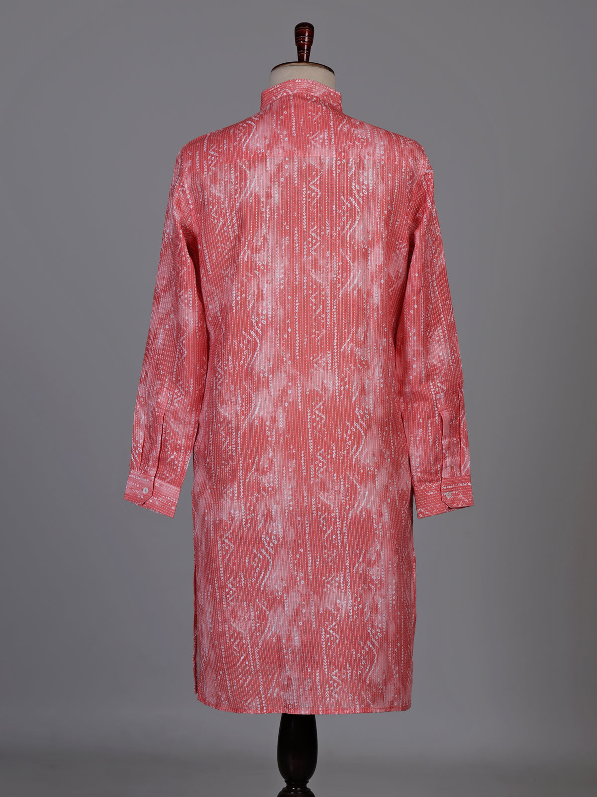 Coral red cotton kurta suit with kantha inspired stitch print